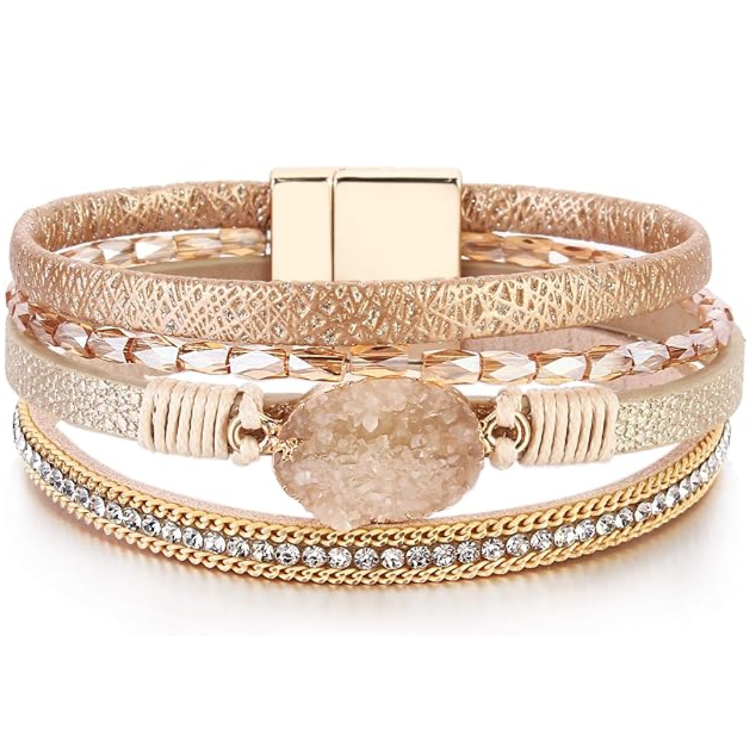 Pulsera de cuero con cierre magnético y cuentas de cristal💎