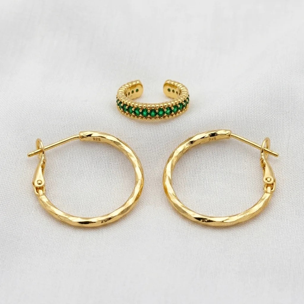 Aretes Aurora Elite - argollas y ear cuff en oro laminado 18K