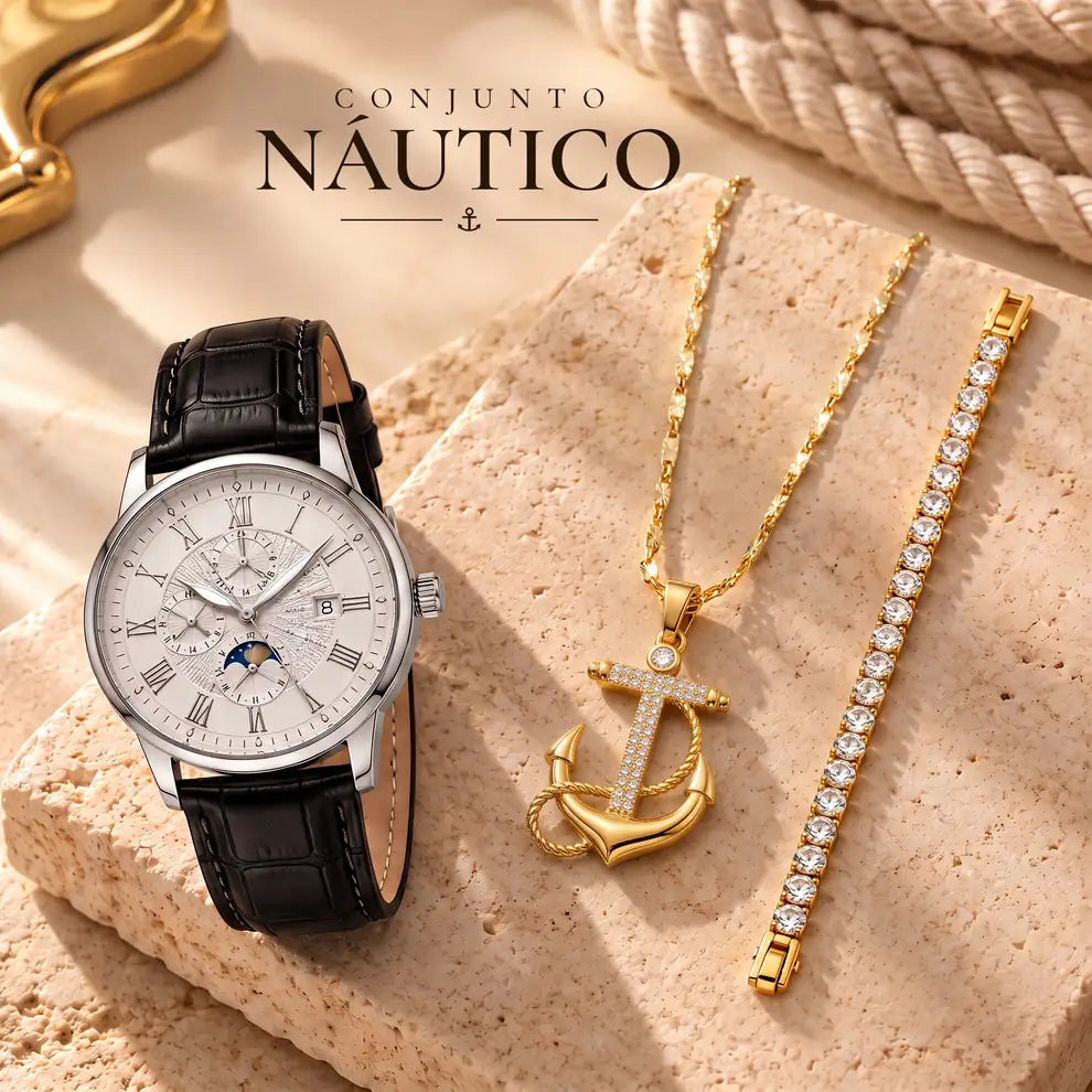 Conjunto Náutico: reloj, cadena con dije de ancla y pulsera tipo tenis