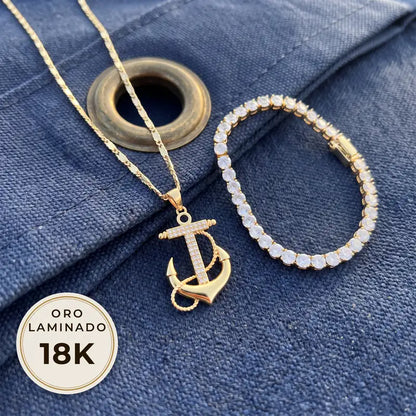 Dije de ancla y pulsera tipo tenis en Oro Laminado 18K