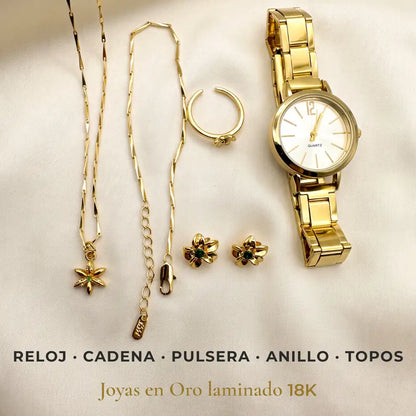 Qué incluye el Conjunto Florencia: reloj, cadena, pulsera, anillo y topos