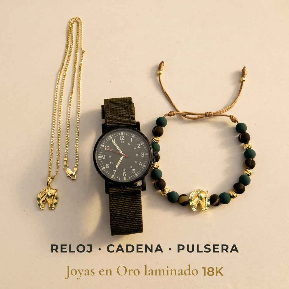 Qué incluye el Conjunto El Agropecuario: reloj, cadena y pulsera