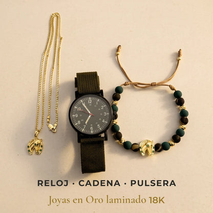 Qué incluye el Conjunto El Agropecuario: reloj, cadena y pulsera