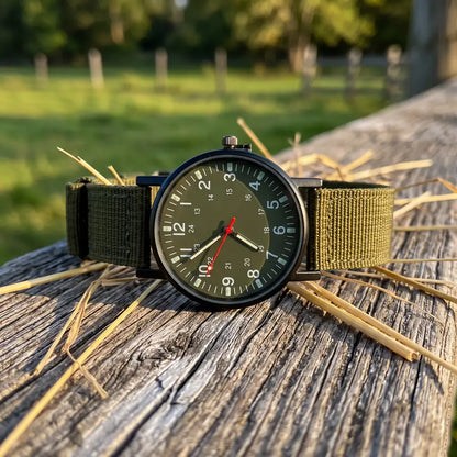 Reloj estilo militar con esfera verde oliva y correa de tela