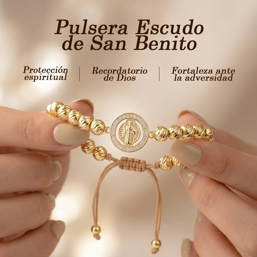 Pulsera Escudo de San Benito en oro laminado 18K con zirconias