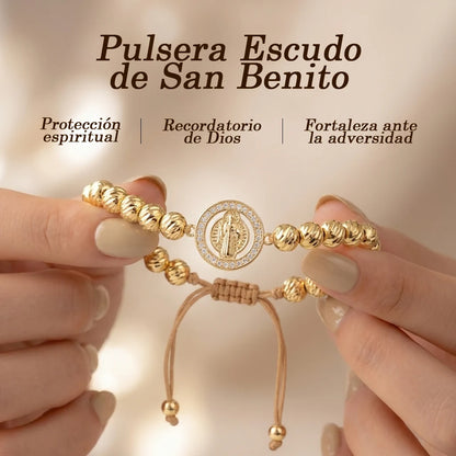 Pulsera Escudo de San Benito en oro laminado 18K con zirconias